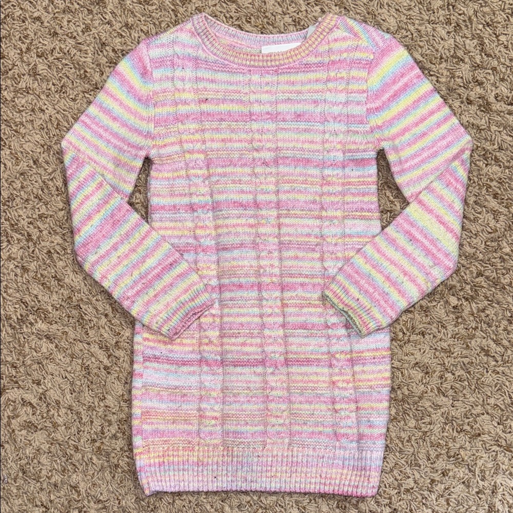 Size 4 girls colorful cable knit sweater dress with sparkles throughout.